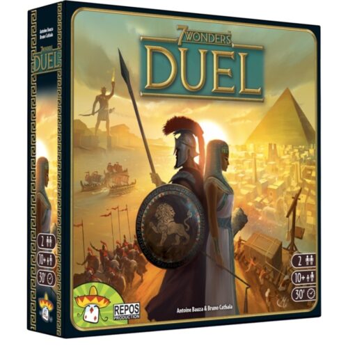 De voorkant van de doos van het spel 7 Wonders Duel. Het artikelnummer is 173346.