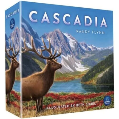 Voorkant van de doos van het bordspel Cascadia, de Engelse uitgave van Alderac Entertainment Group. Het artikelnummer is 295947.