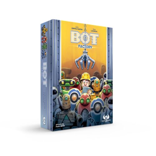 Voorkant van de doos van het bordspel Bot Factory. Het artikelnummer bij dit spel is 328124.