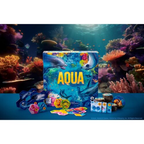Voorkant van de doos en overzicht van spelinhoud van het bordspel Aqua: Biodiversiteit in de oceanen. Het artikelnummer is 403468.
